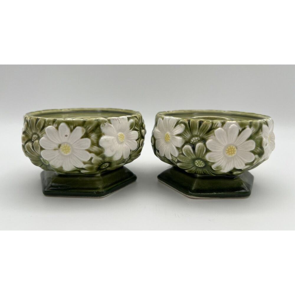 Vintage Green Ceramic 2.5” Candle Holders with White Daisies ~ JM Japan